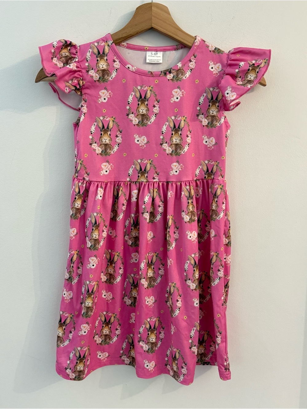 Girls' Pink Bunny Floral Flutter-Sleeve Dress Kids 5-6T Easter Outfit